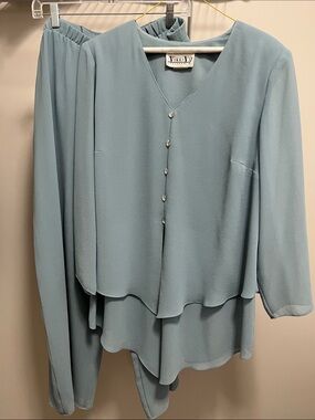 Vikki Vi Dusty Blue Layered V-Neck Blouse with Decorative Buttons